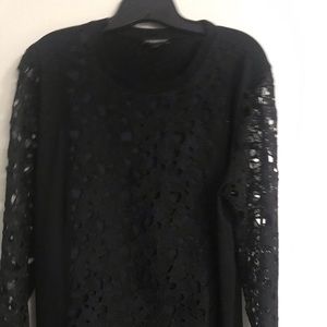 Black lace front sweatshirt with sheer sleeves